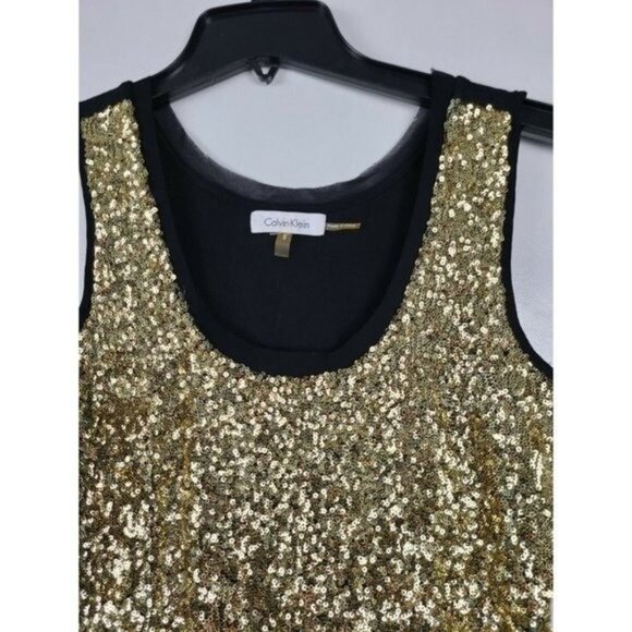 Calvin Klein Womens Tank Top Size Small Black Gold Sequined Grange Whimsygoth - Picture 2 of 6
